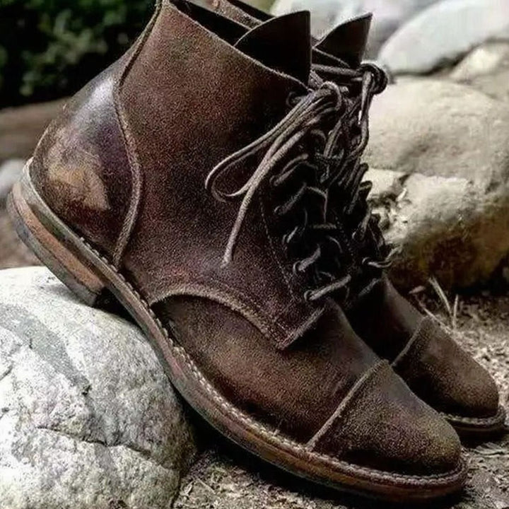 Men's Cap-Toe Lace-Up Ankle Boots Rubber Sole, Tan Brown - Khaki