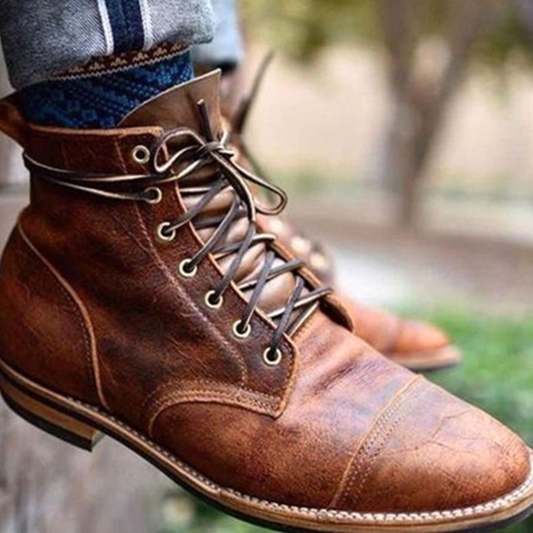 Men's Cap-Toe Lace-Up Ankle Boots Rubber Sole, Tan Brown
