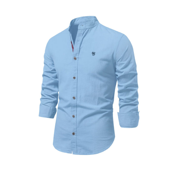 Men's Casual Button-Up Grandad Collar Long Sleeve Shirt - Light Blue