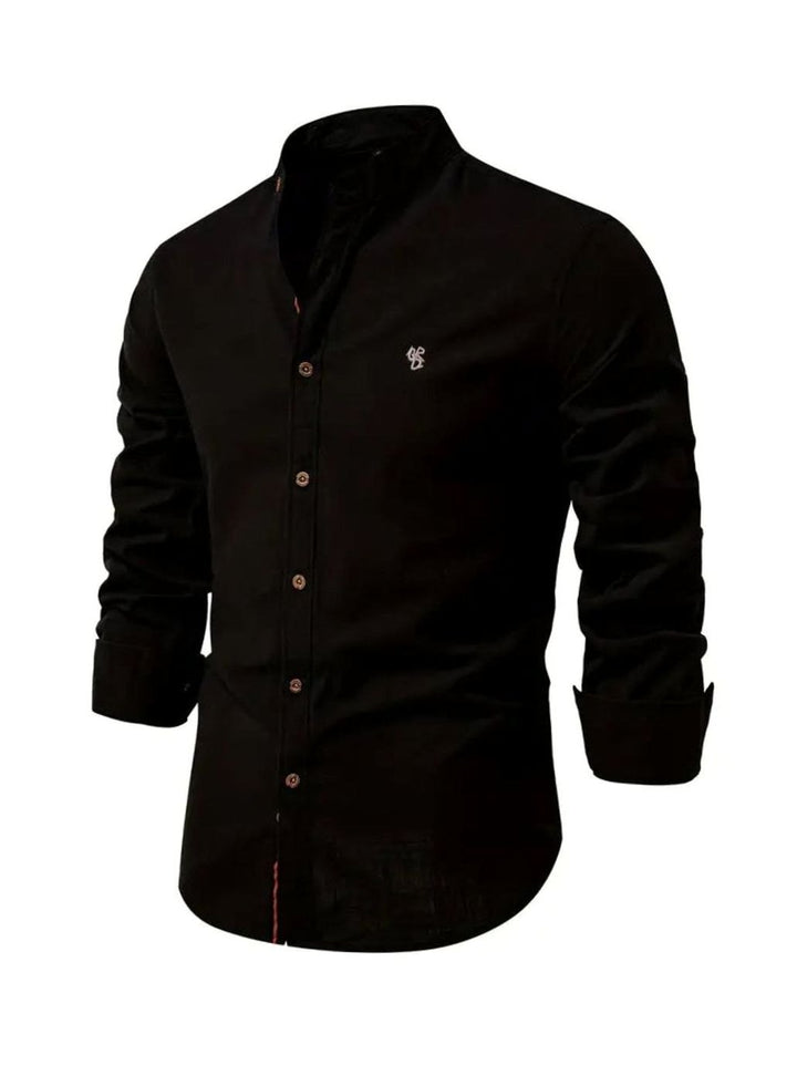 Men's Casual Button-Up Grandad Collar Long Sleeve Shirt - Black