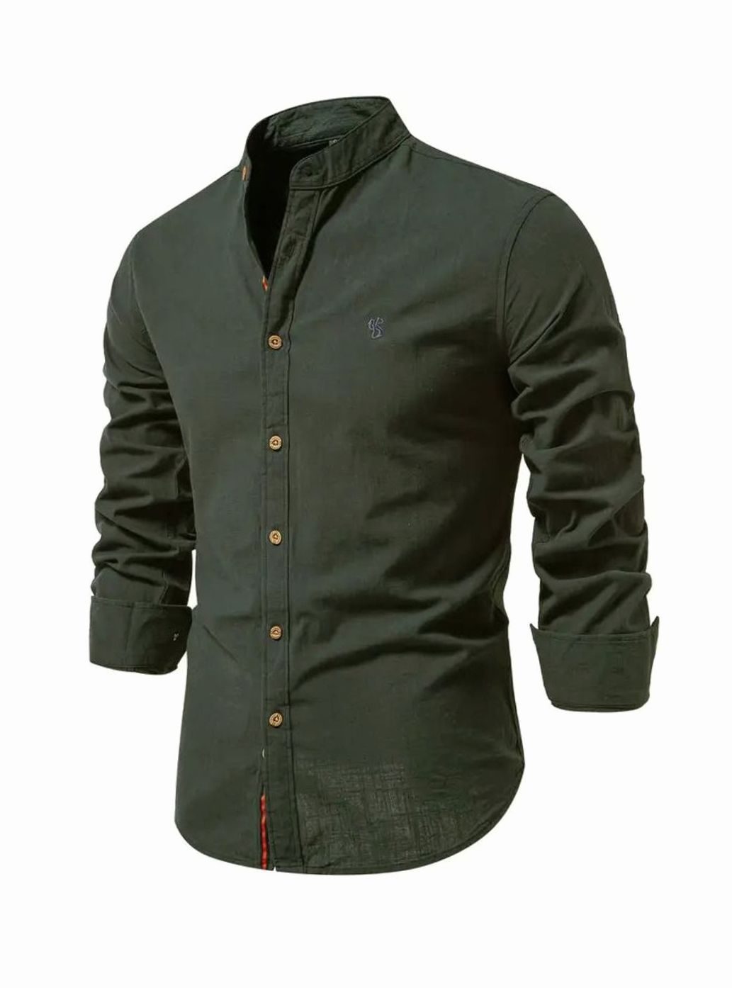 Men's Casual Button-Up Grandad Collar Long Sleeve Shirt - Army Green