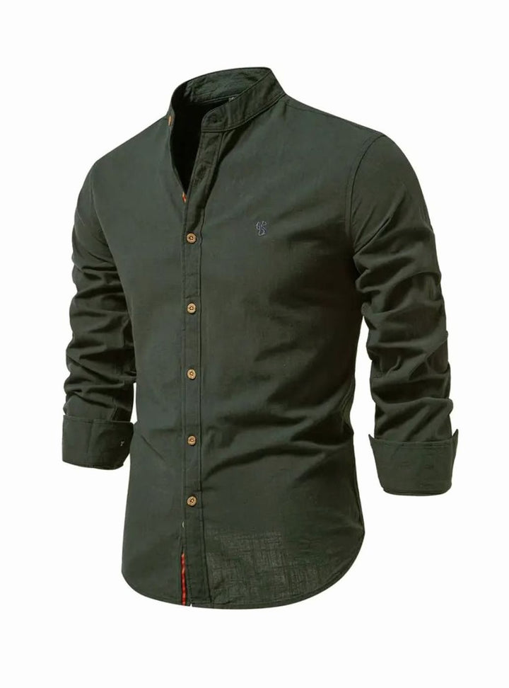 Men's Casual Button-Up Grandad Collar Long Sleeve Shirt - Army Green