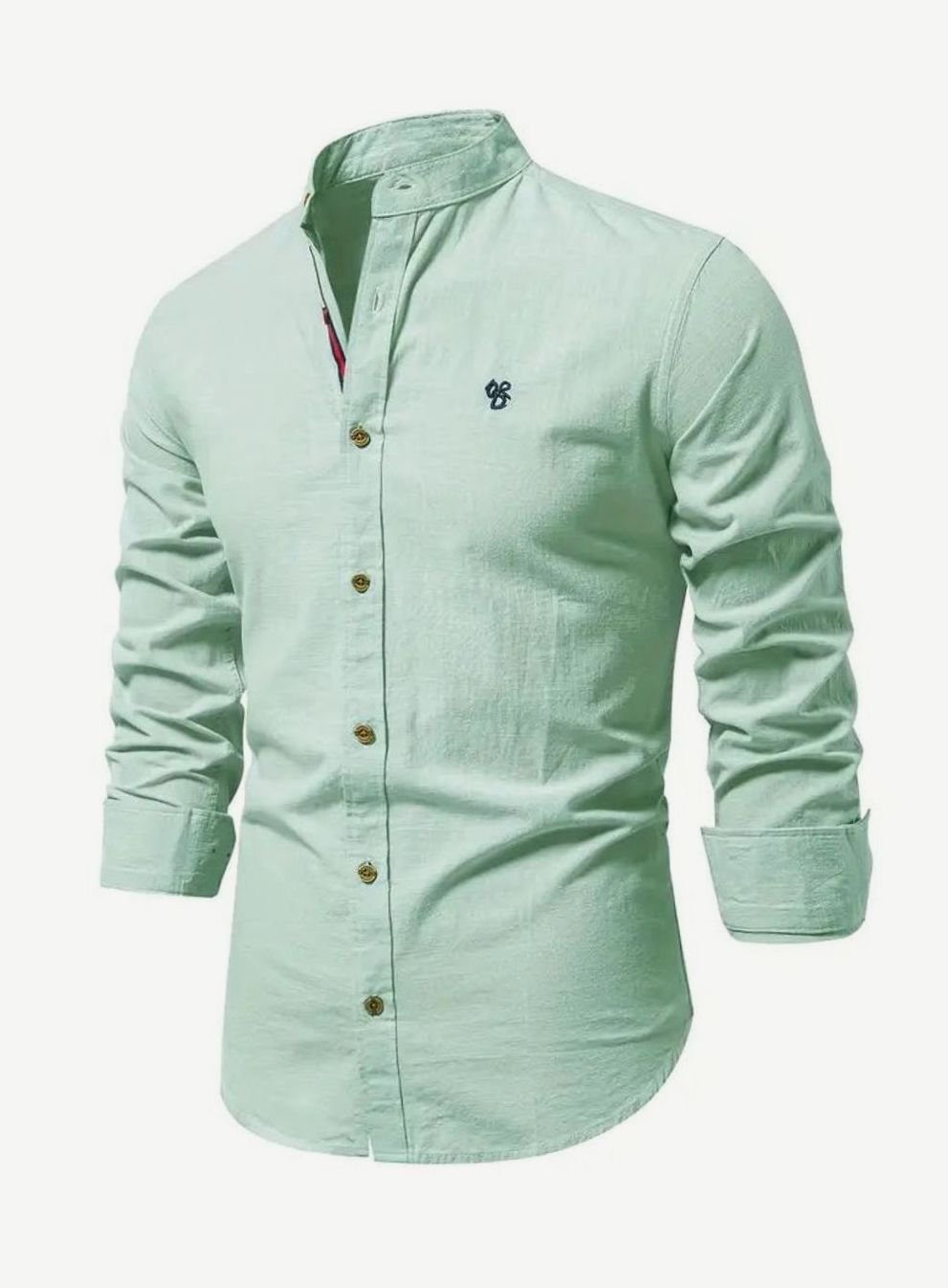 Men's Casual Button-Up Grandad Collar Long Sleeve Shirt - Light Green