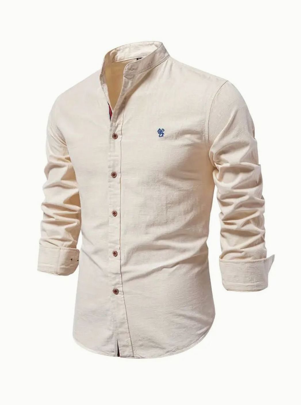 Men's Casual Button-Up Grandad Collar Long Sleeve Shirt - Apricot