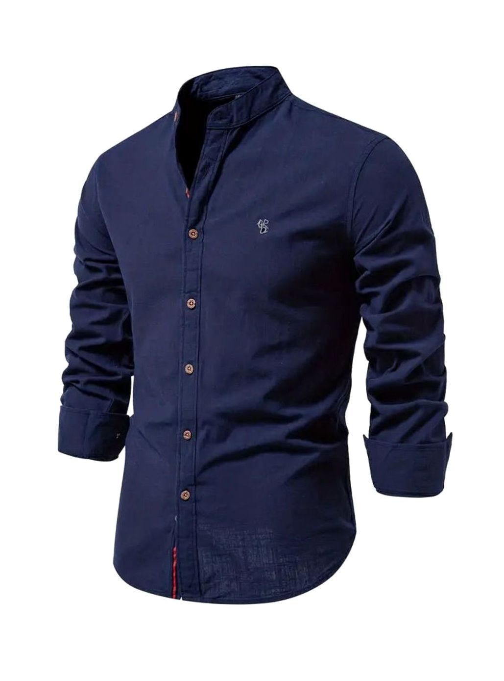 Men's Casual Button-Up Grandad Collar Long Sleeve Shirt - Navy Blue