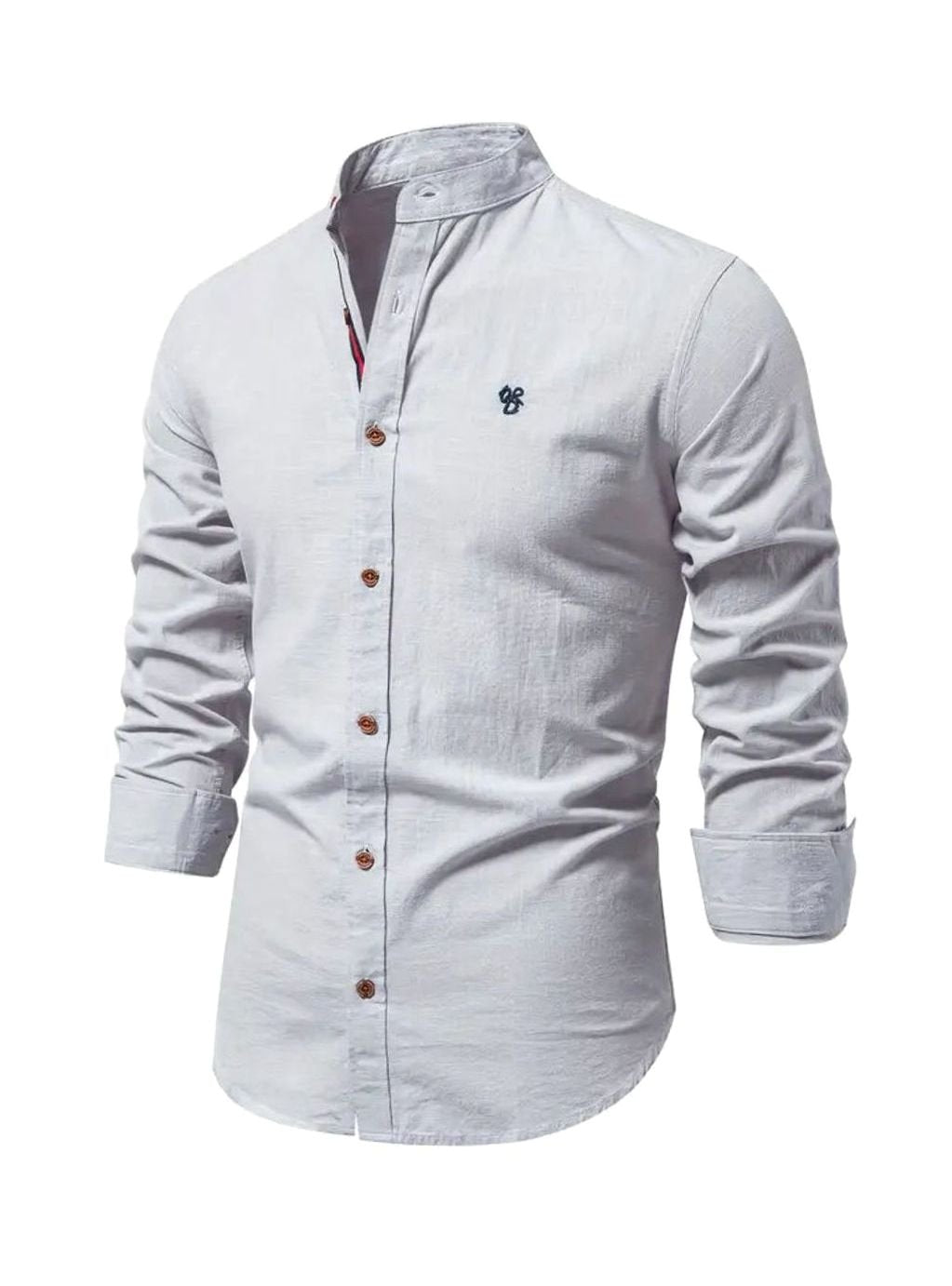 Men's Casual Button-Up Grandad Collar Long Sleeve Shirt - Grey