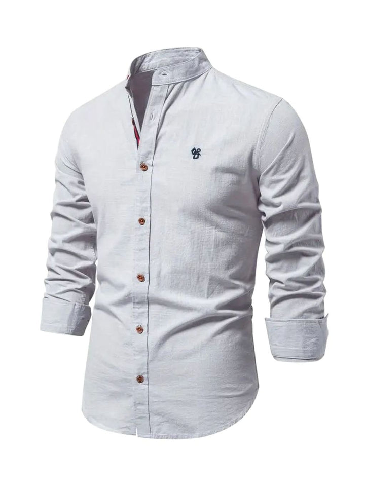 Men's Casual Button-Up Grandad Collar Long Sleeve Shirt - Grey
