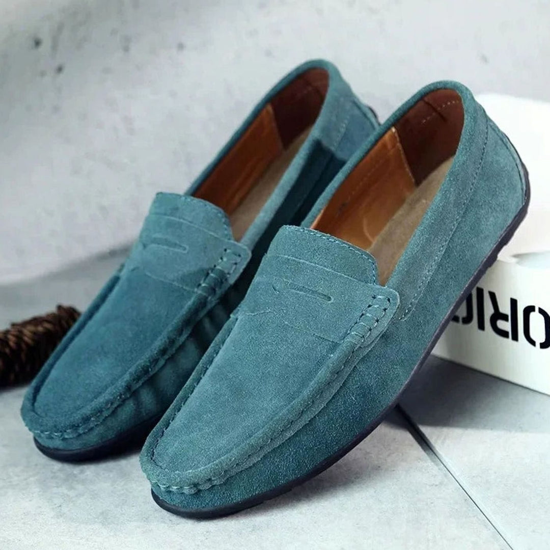 Men's Casual Suede Penny Slip-On Loafers, Navy Blue - Peacock Green