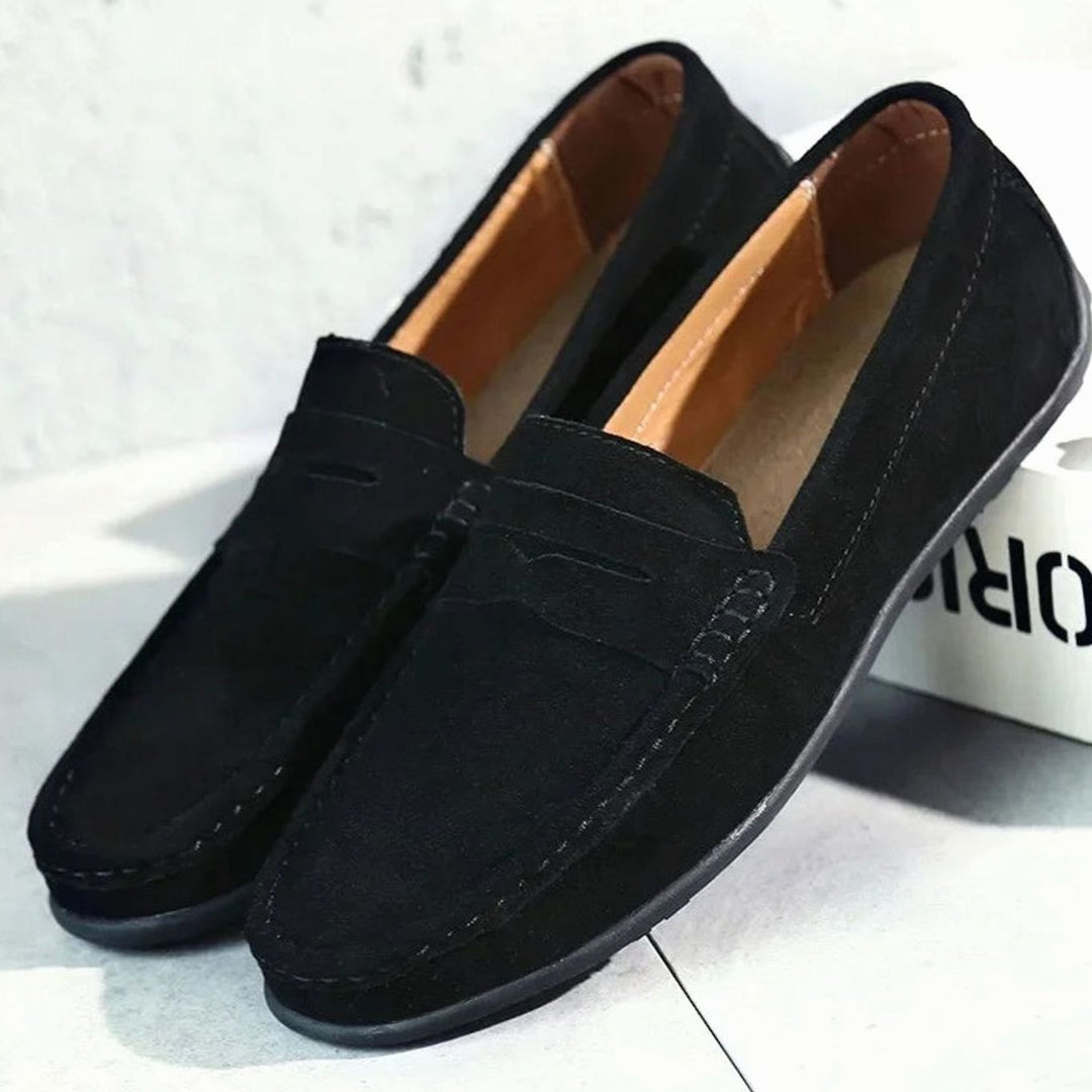 Men's Casual Suede Penny Slip-On Loafers, Navy Blue - Black