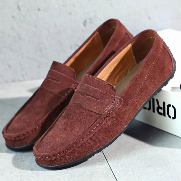 Men's Casual Suede Penny Slip-On Loafers, Navy Blue - Red