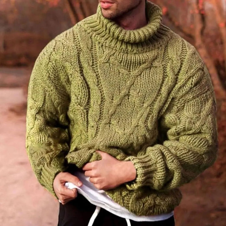 Men's Chunky Cable-Knit Turtleneck Winter Jumper, Olive Green - Green