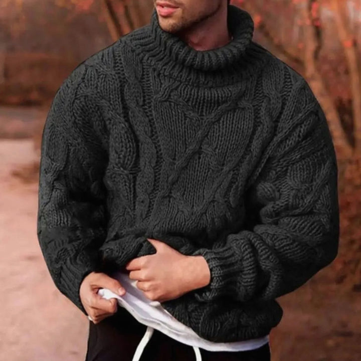 Men's Chunky Cable-Knit Turtleneck Winter Jumper, Olive Green - Black