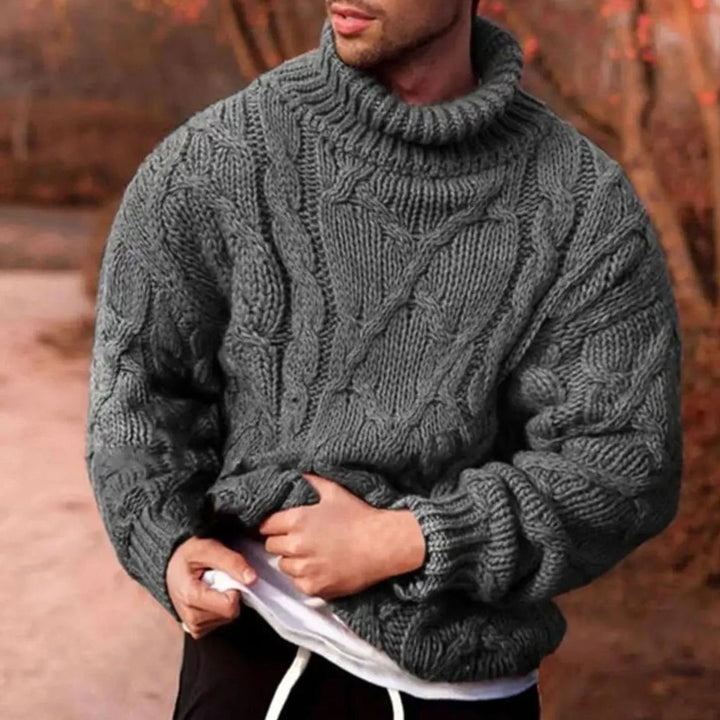 Men's Chunky Cable-Knit Turtleneck Winter Jumper, Olive Green - Grey