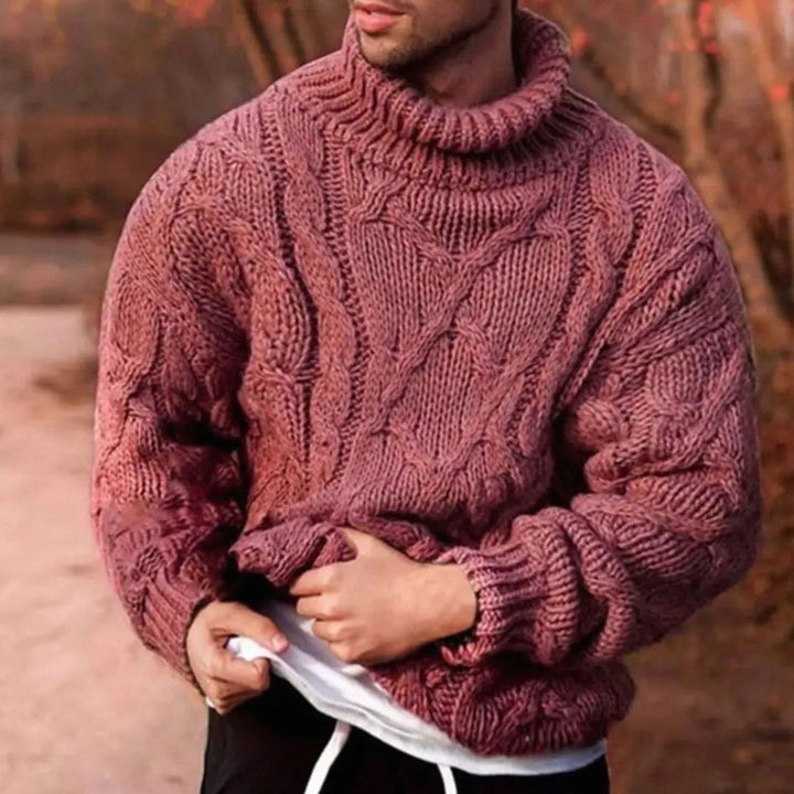 Men's Chunky Cable-Knit Turtleneck Winter Jumper, Olive Green - Red