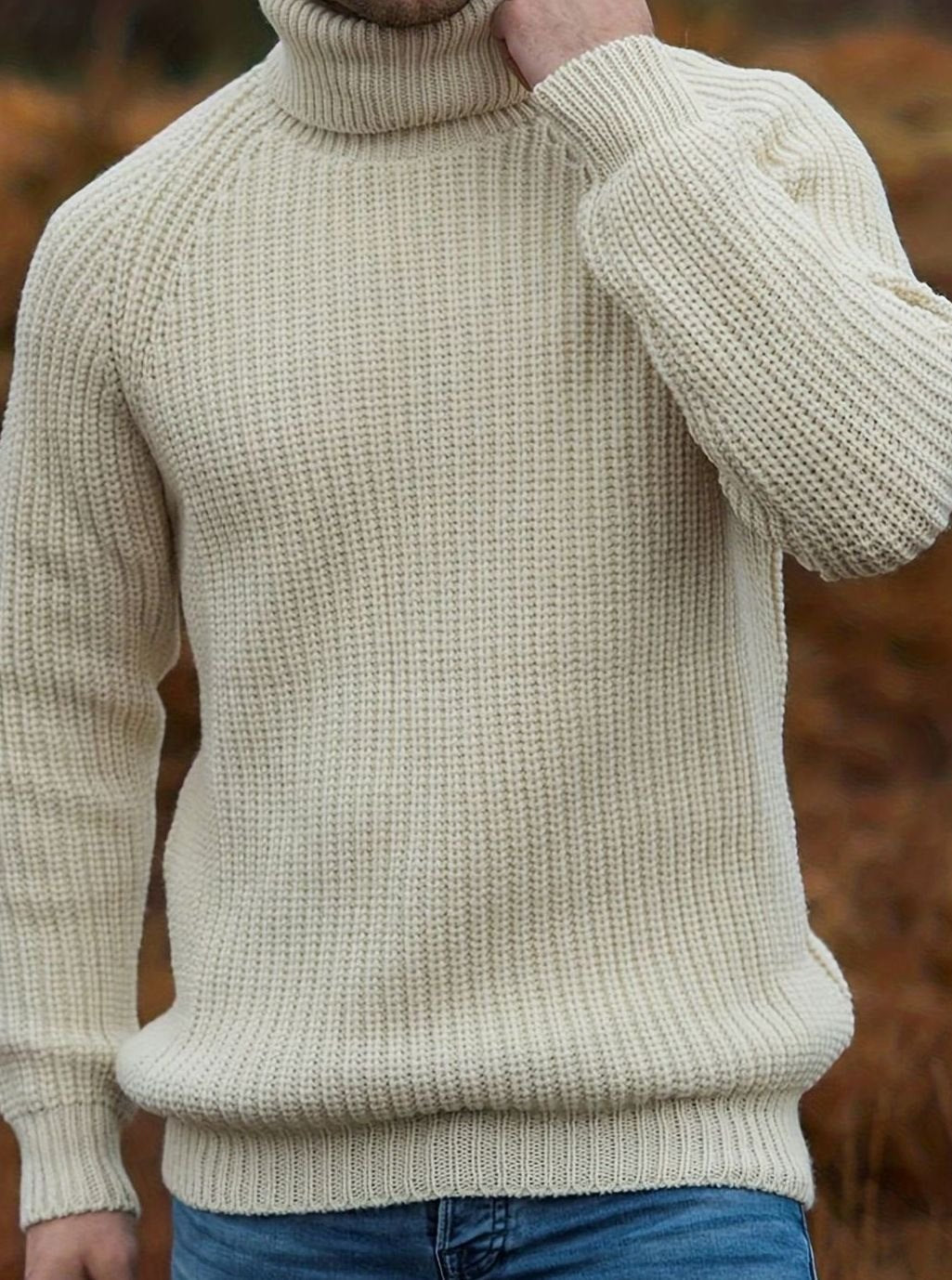 Men's Chunky Knit Rollneck Turtleneck Pullover Jumper - Beige