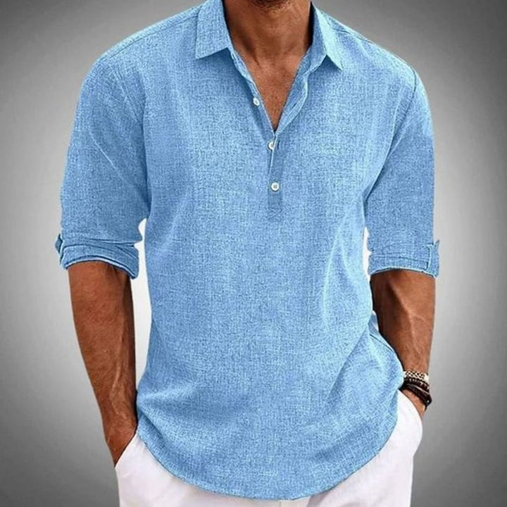 Men's Classic-Fit Long-Sleeve Linen Polo Shirt, Sky Blue - Light Blue