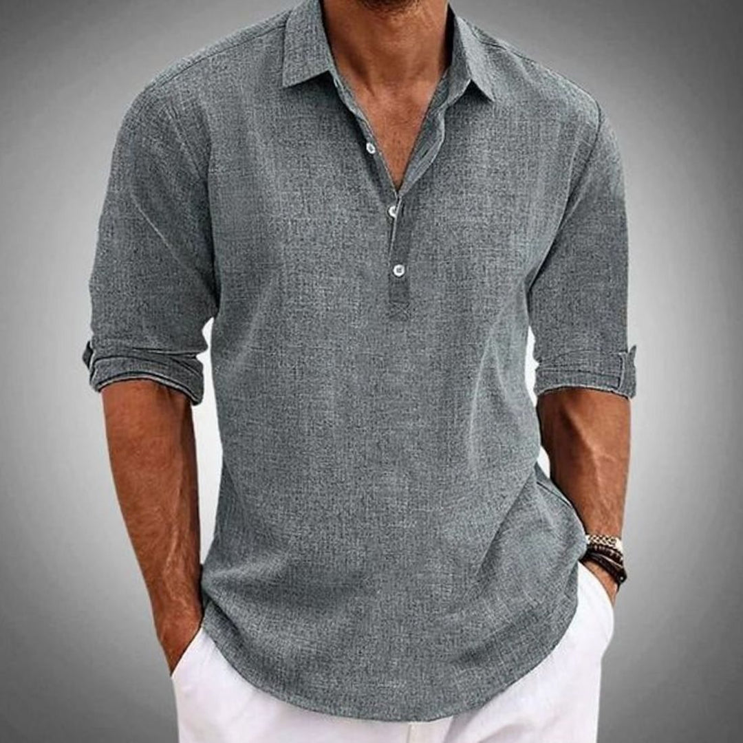 Men's Classic-Fit Long-Sleeve Linen Polo Shirt, Sky Blue - Grey