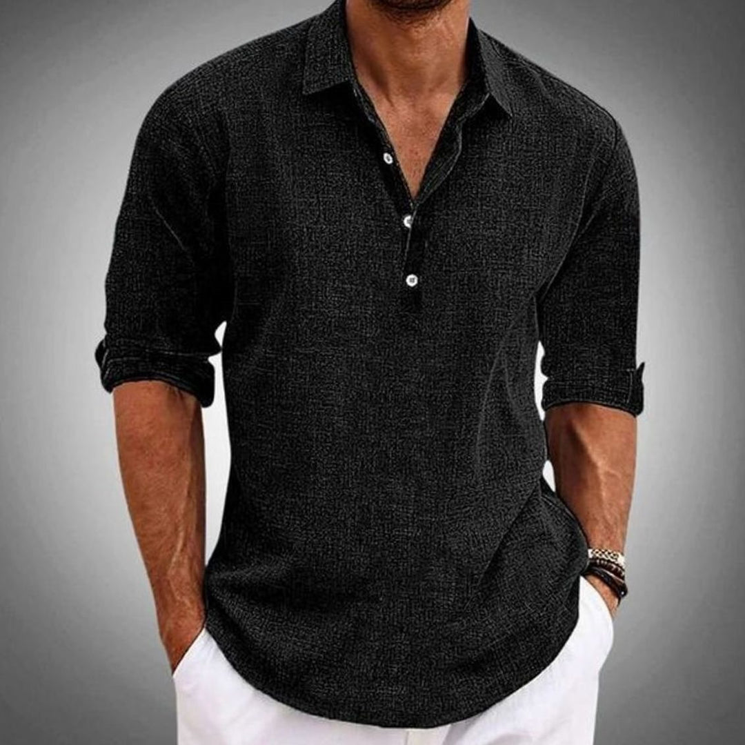 Men's Classic-Fit Long-Sleeve Linen Polo Shirt, Sky Blue - Black