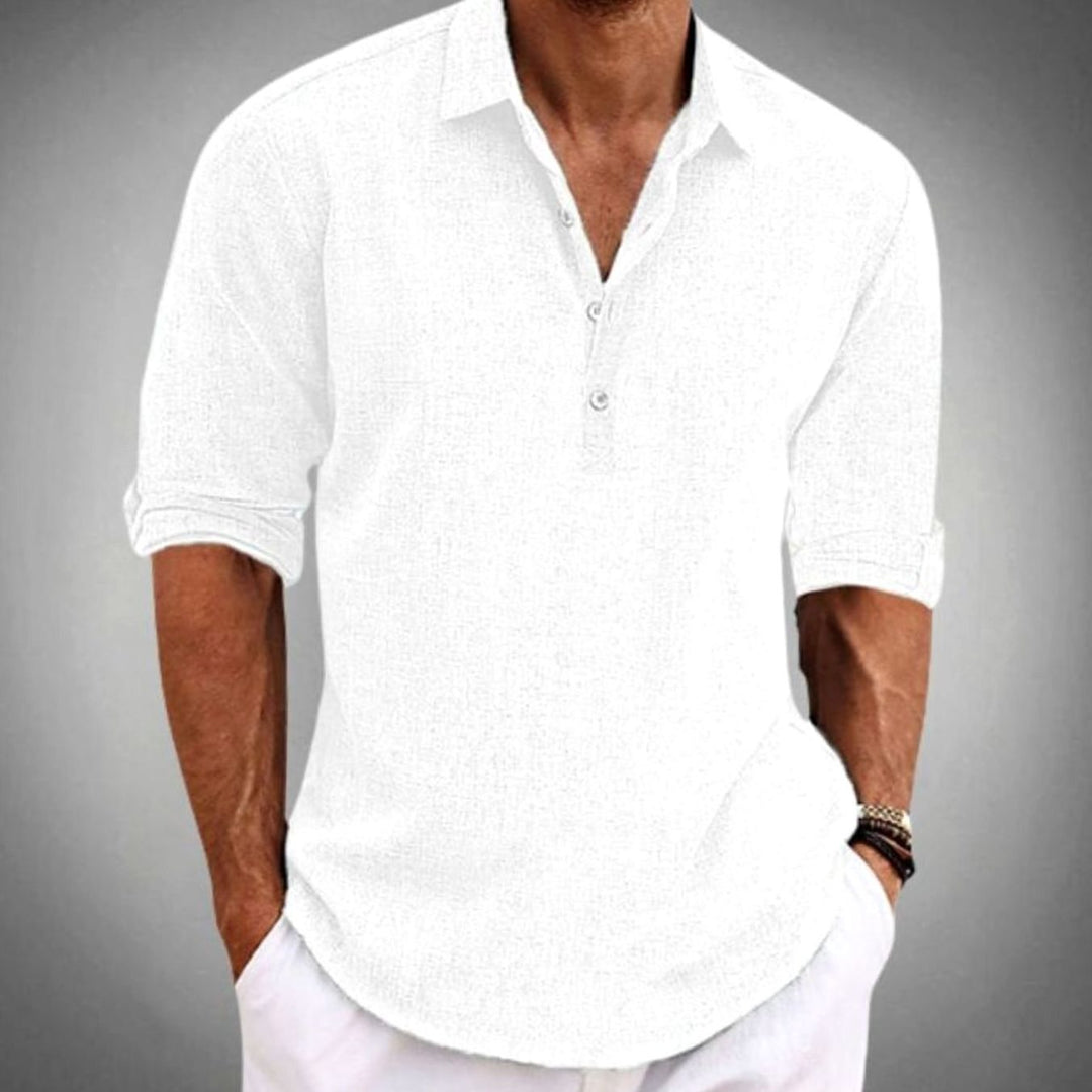 Men's Classic-Fit Long-Sleeve Linen Polo Shirt, Sky Blue - White