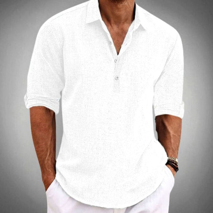 Men's Classic-Fit Long-Sleeve Linen Polo Shirt, Sky Blue - White