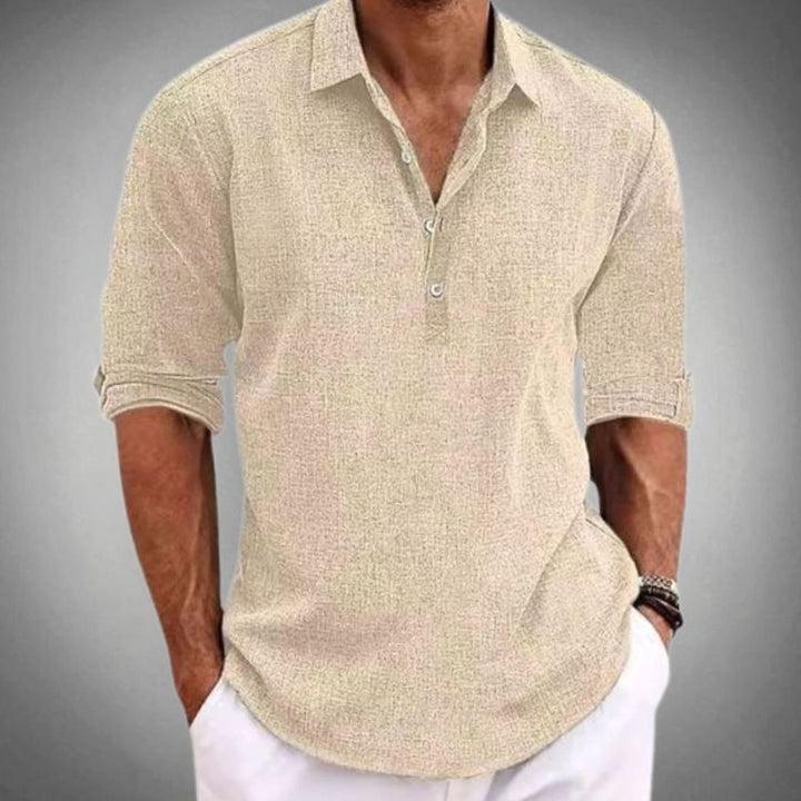 Men's Classic-Fit Long-Sleeve Linen Polo Shirt, Sky Blue - Beige