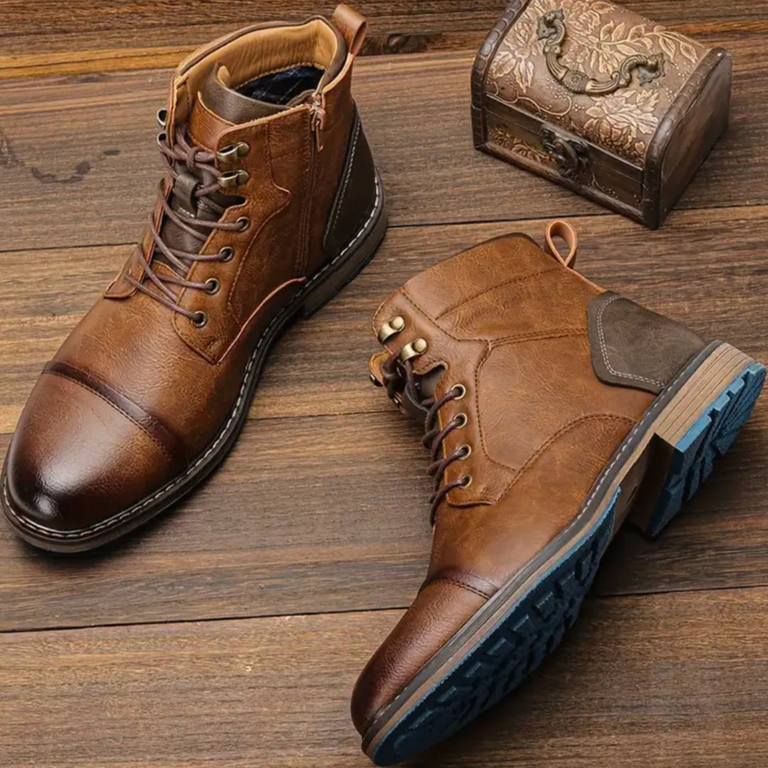 Men's Classic Round-Toe Lace-Up Leather Ankle Boots - Brown