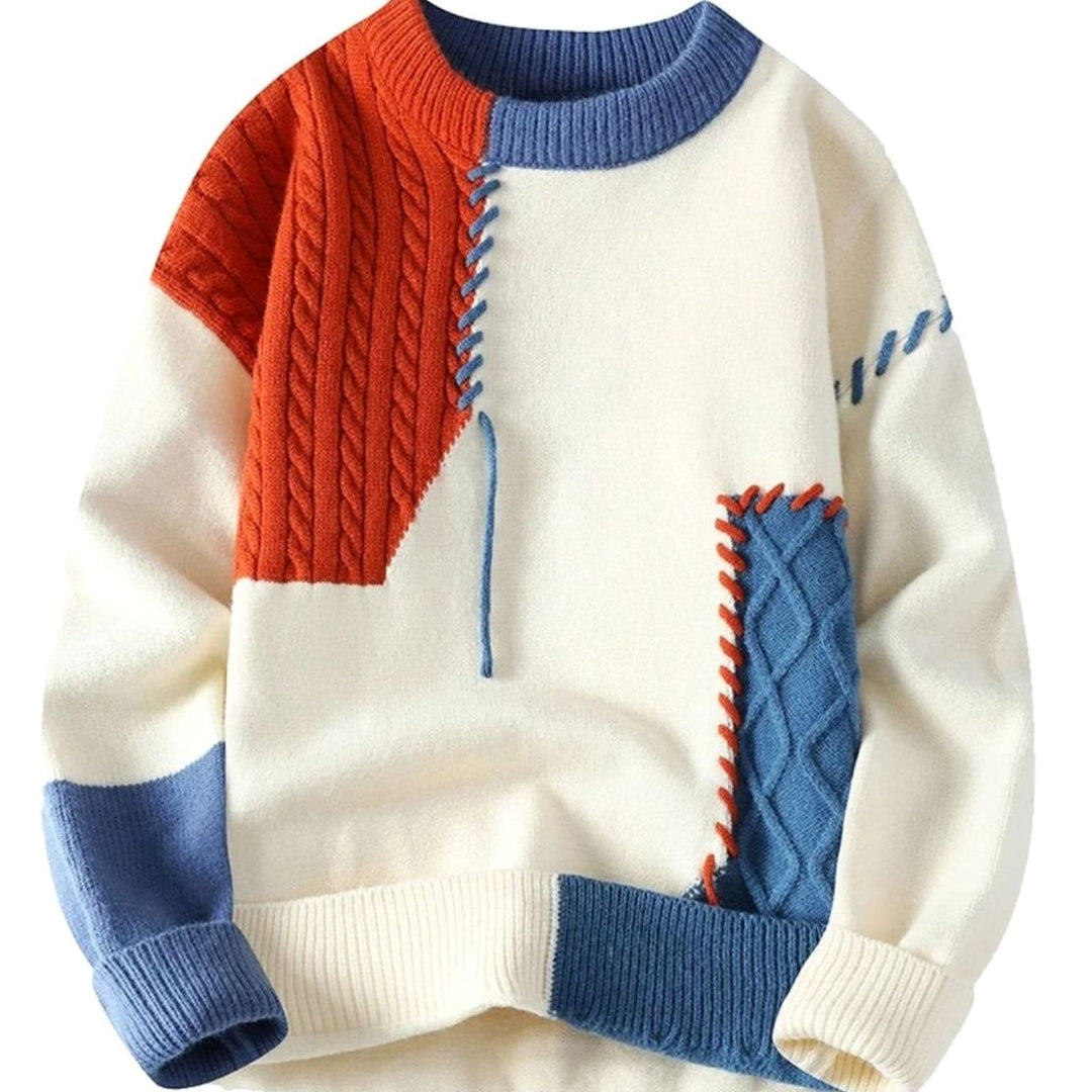 Men's Colour-Block Cable-Knit Jumper Crew Neck Patchwork - Orange