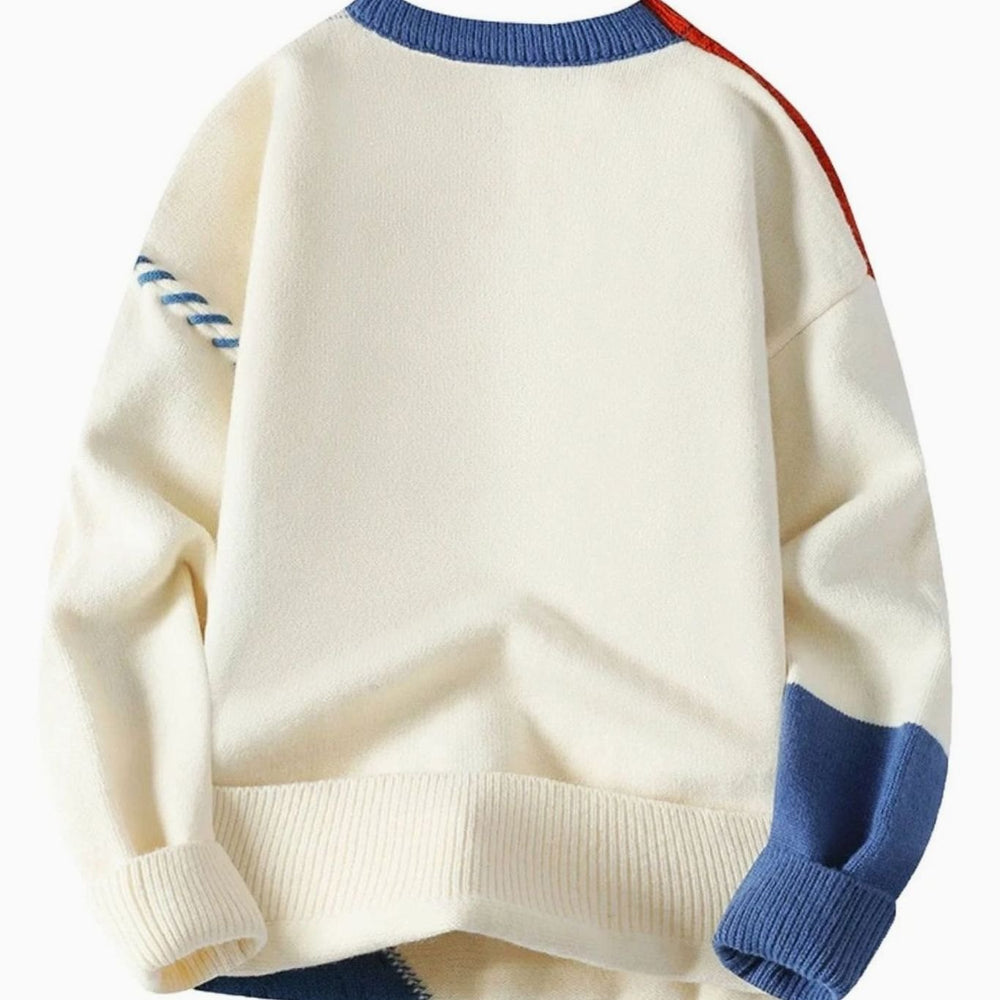 Men's Colour-Block Cable-Knit Jumper Crew Neck Patchwork
