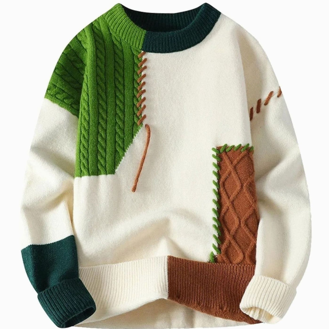 Men's Colour-Block Cable-Knit Jumper Crew Neck Patchwork - Dark Green