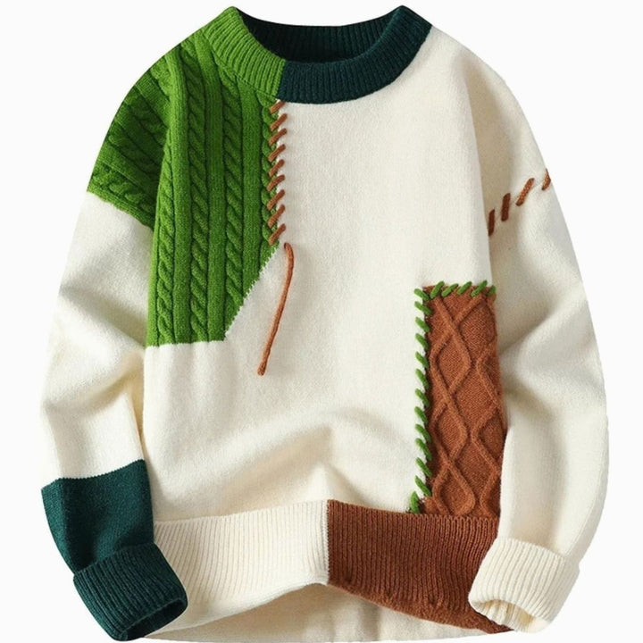 Men's Colour-Block Cable-Knit Jumper Crew Neck Patchwork - Dark Green