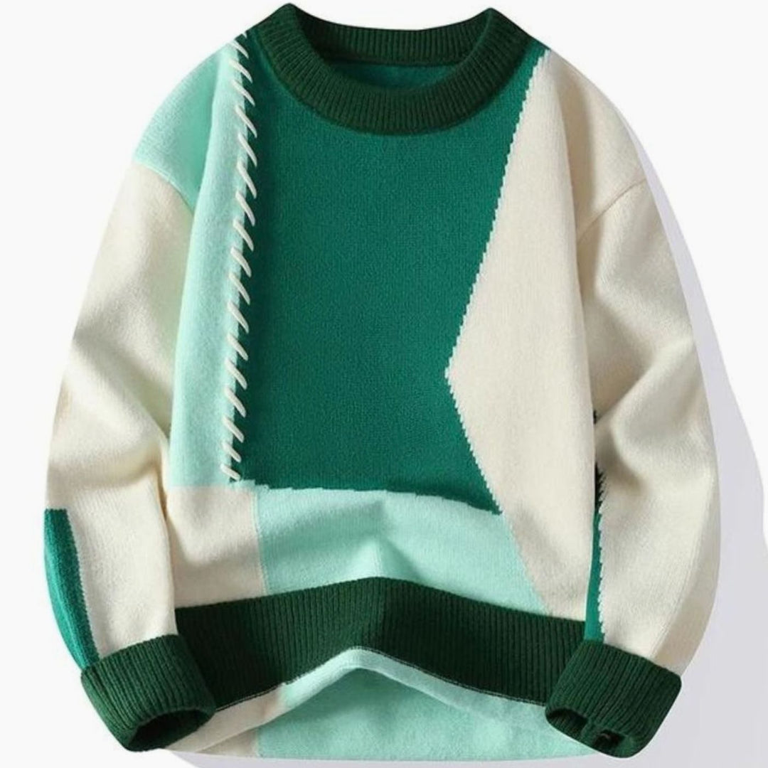 Men's Colour-Block Cable-Knit Jumper Crew Neck Patchwork - Light Green