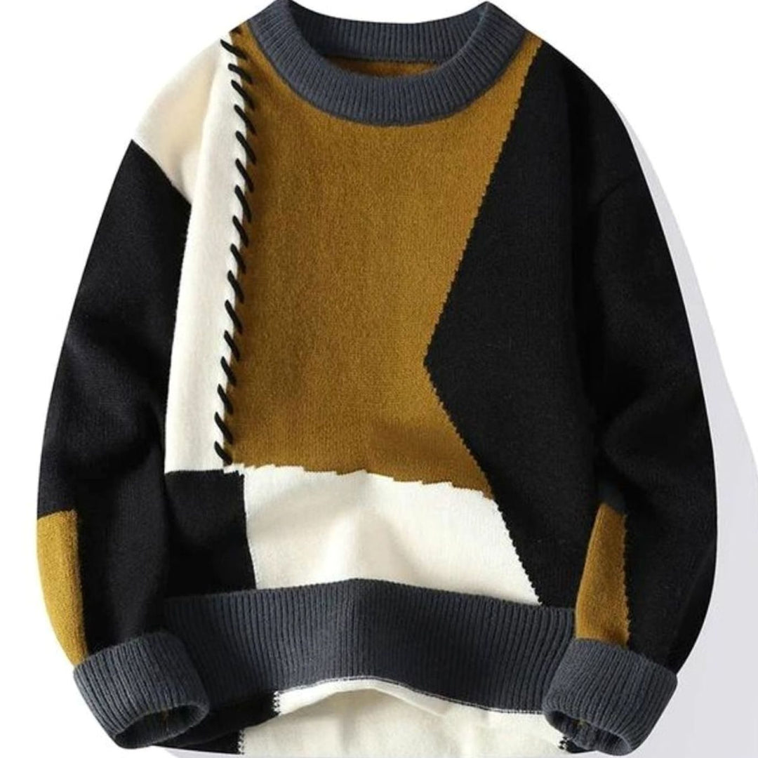 Men's Colour-Block Cable-Knit Jumper Crew Neck Patchwork - Brown