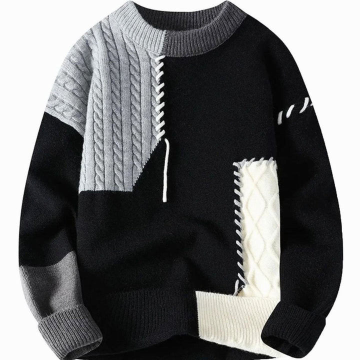 Men's Colour-Block Cable-Knit Jumper Crew Neck Patchwork - Black
