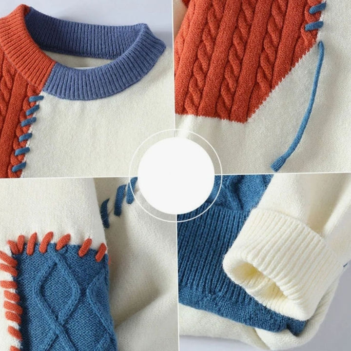Men's Colour-Block Cable-Knit Jumper Crew Neck Patchwork