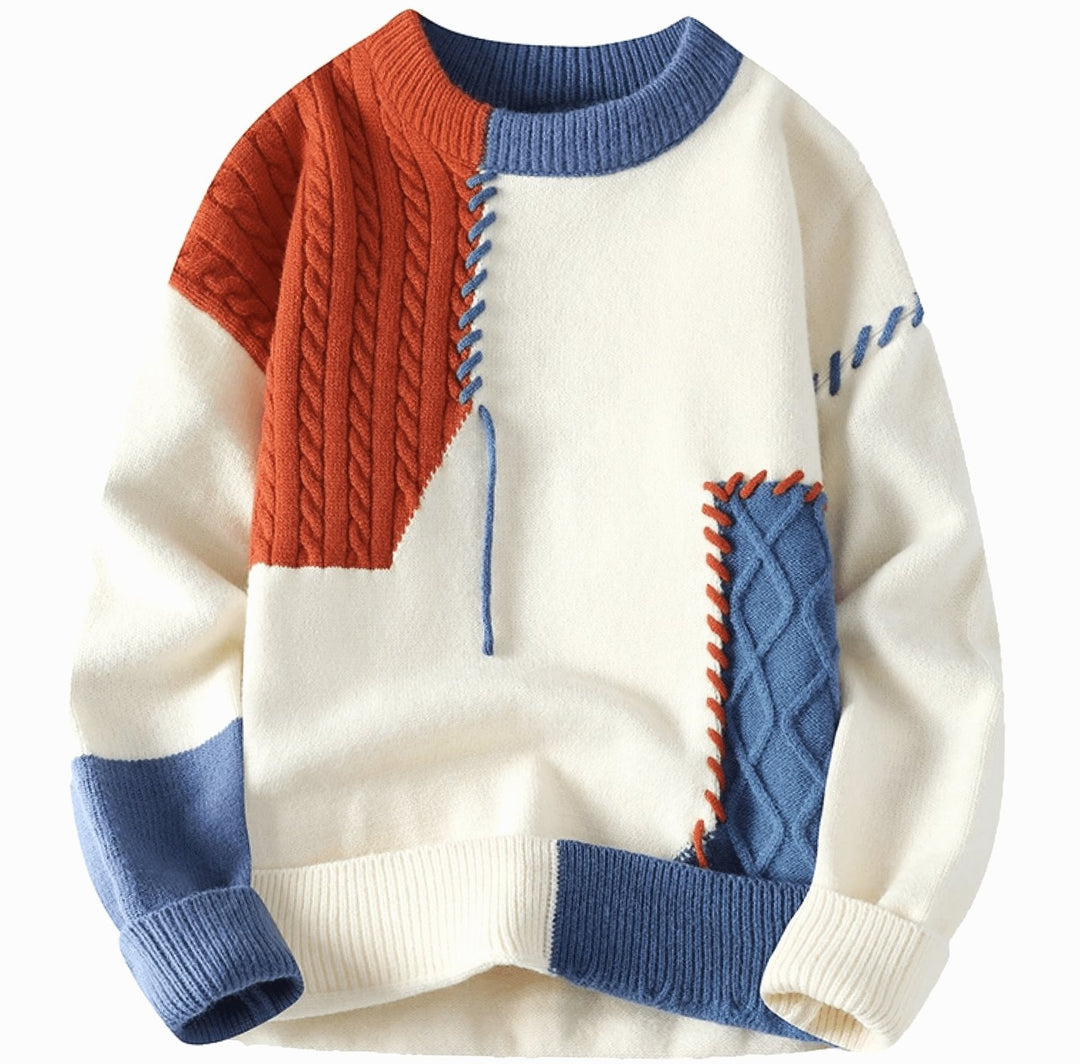 Men's Colour Block Cable Knit Patchwork Crew Neck Jumper - Blue