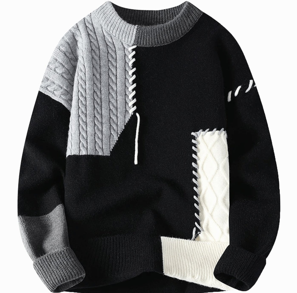 Men's Colour Block Cable Knit Patchwork Crew Neck Jumper - Black