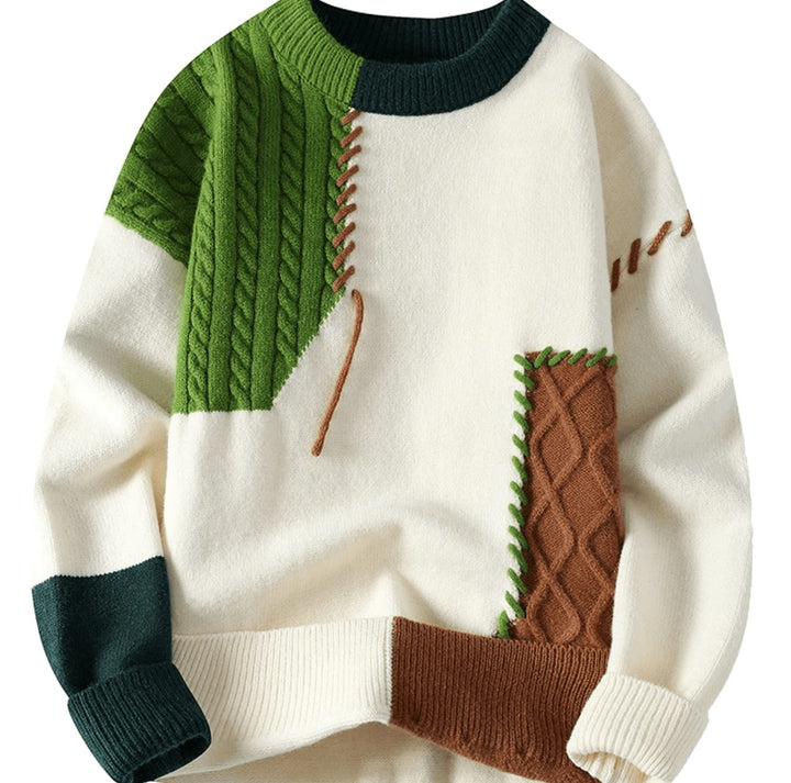 Men's Colour Block Cable Knit Patchwork Crew Neck Jumper - Green