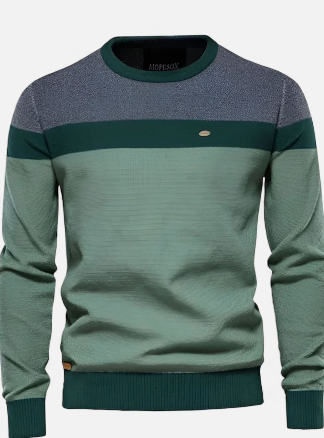 Men's Colour Block Cotton Knitted Sweater Crew Neck Pullover - Green
