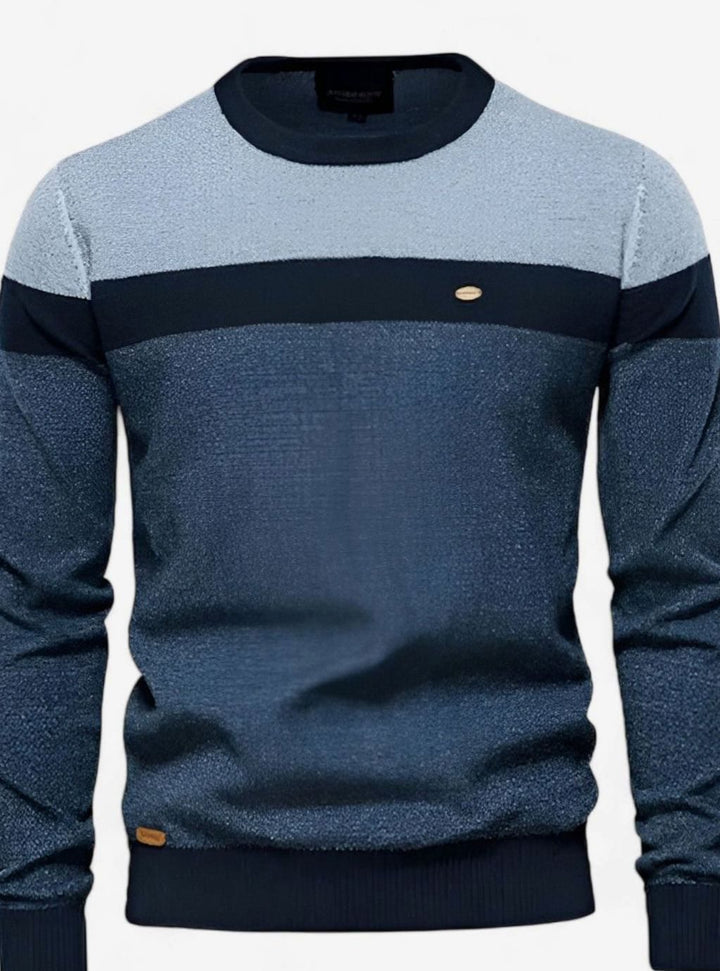 Men's Colour Block Cotton Knitted Sweater Crew Neck Pullover - Navy
