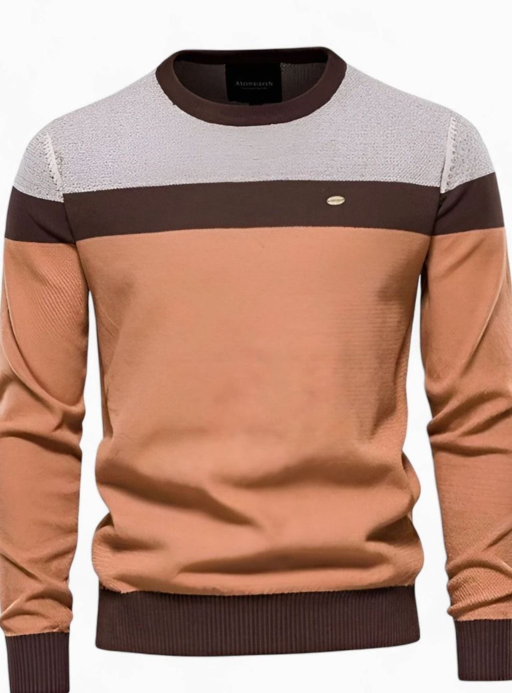 Men's Colour Block Cotton Knitted Sweater Crew Neck Pullover - Orange