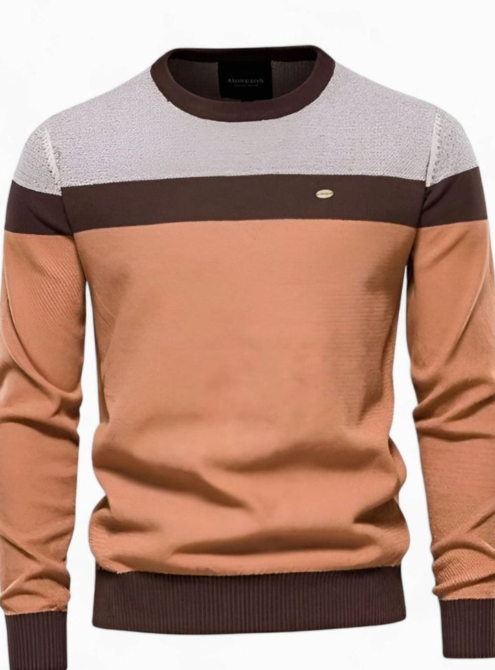 Men's Colour Block Cotton Knitted Sweater Crew Neck Pullover - Orange