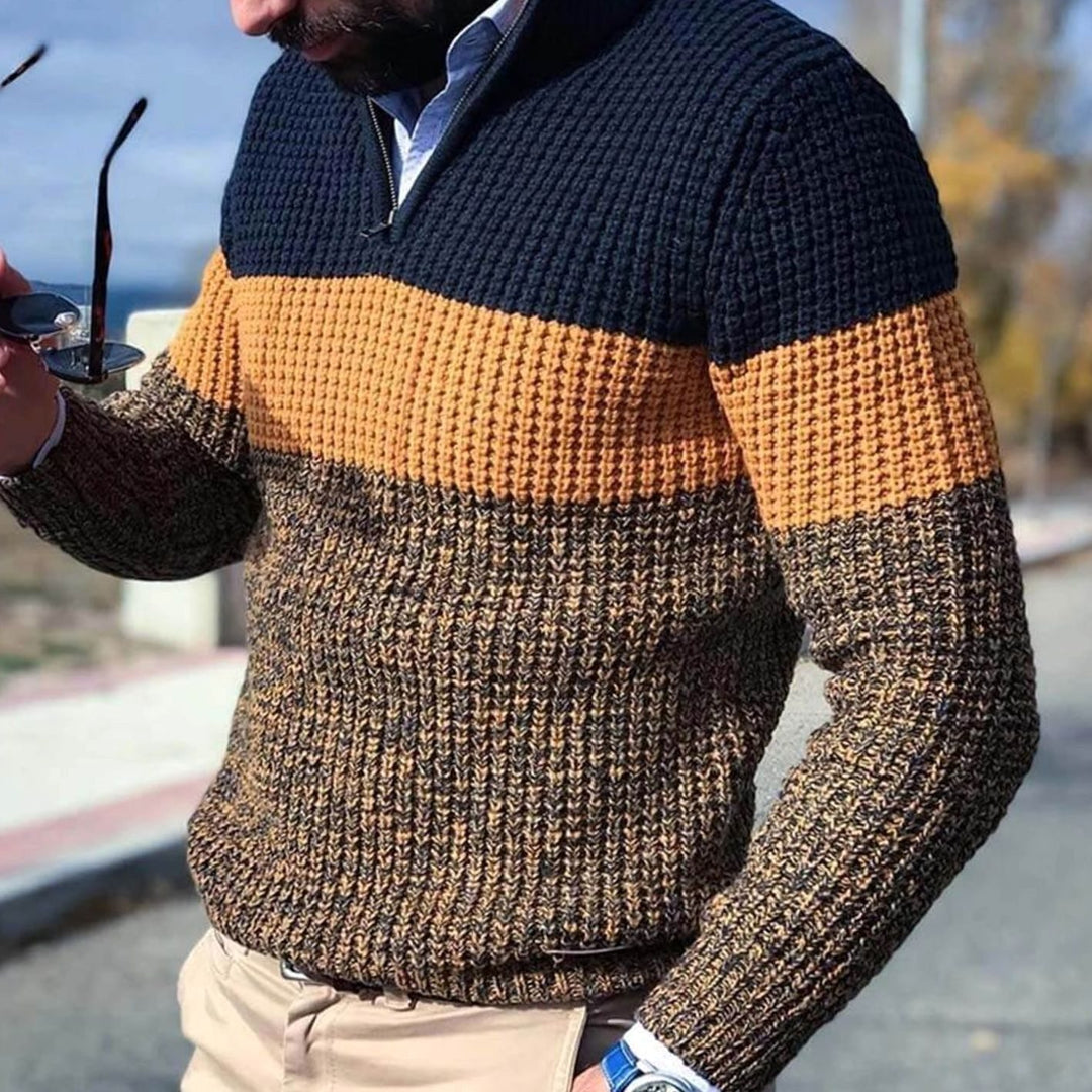 Men's Colour-Block Quarter-Zip Knitted Sweater - Orange