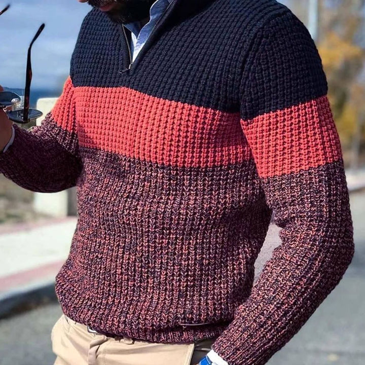 Men's Colour-Block Quarter-Zip Knitted Sweater - Red