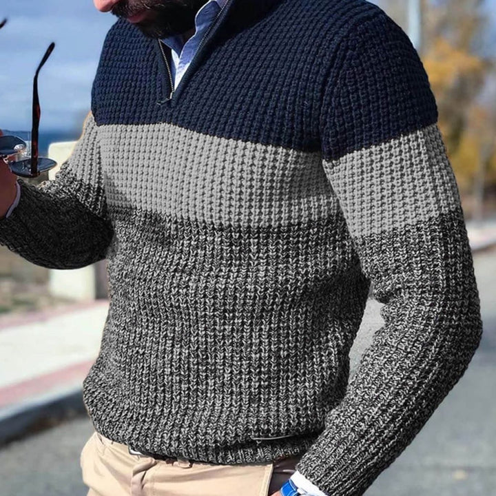 Men's Colour-Block Quarter-Zip Knitted Sweater - Grey