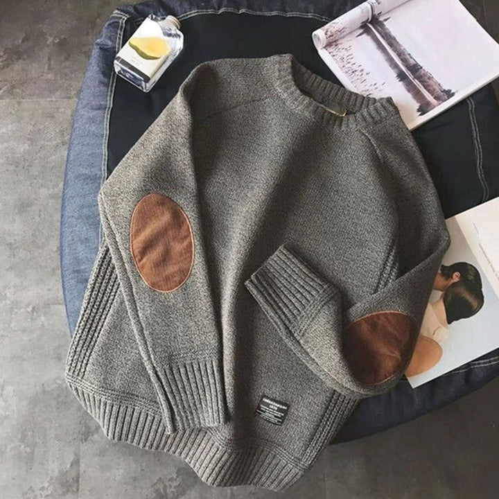 Men's Crew-Neck Elbow-Patch Knitted Sweater - Grey