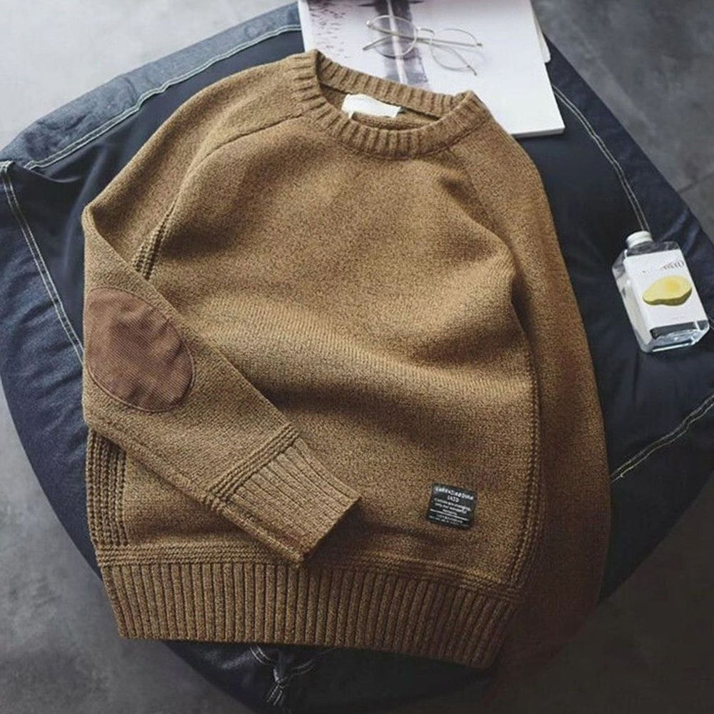 Men's Crew-Neck Elbow-Patch Knitted Sweater - Khaki