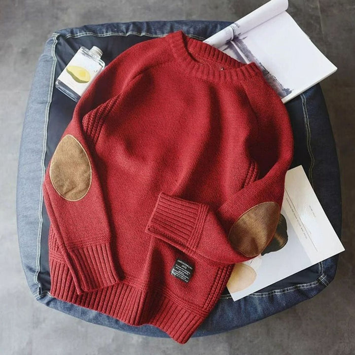 Men's Crew-Neck Elbow-Patch Knitted Sweater - Red