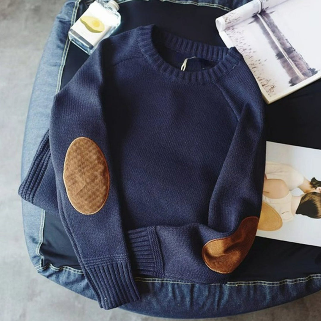 Men's Crew-Neck Elbow-Patch Knitted Sweater - Navy Blue