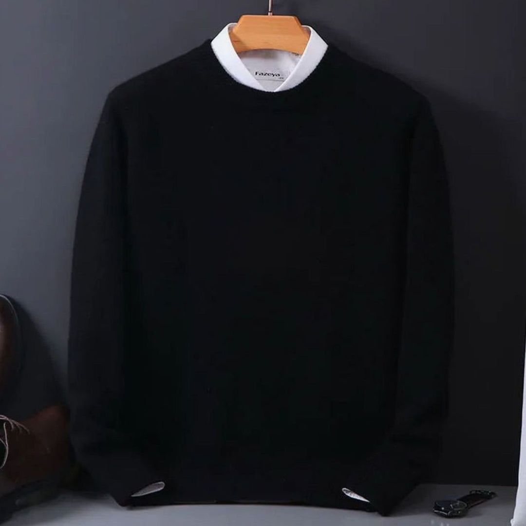 Men's Crew-Neck Knitted Sweater Soft Cashmere-Feel Pullover - Black