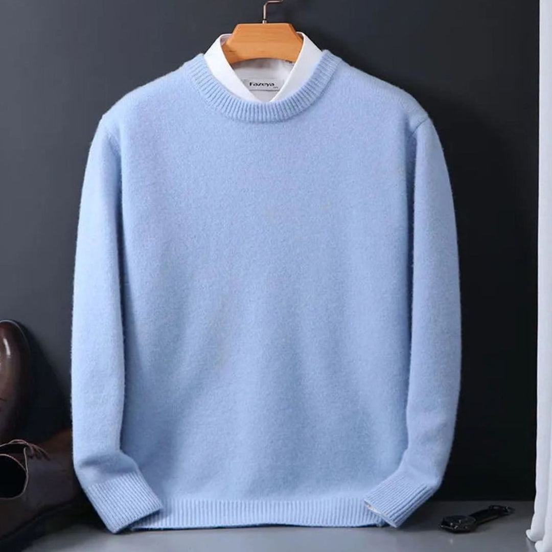 Men's Crew-Neck Knitted Sweater Soft Cashmere-Feel Pullover - Light Blue